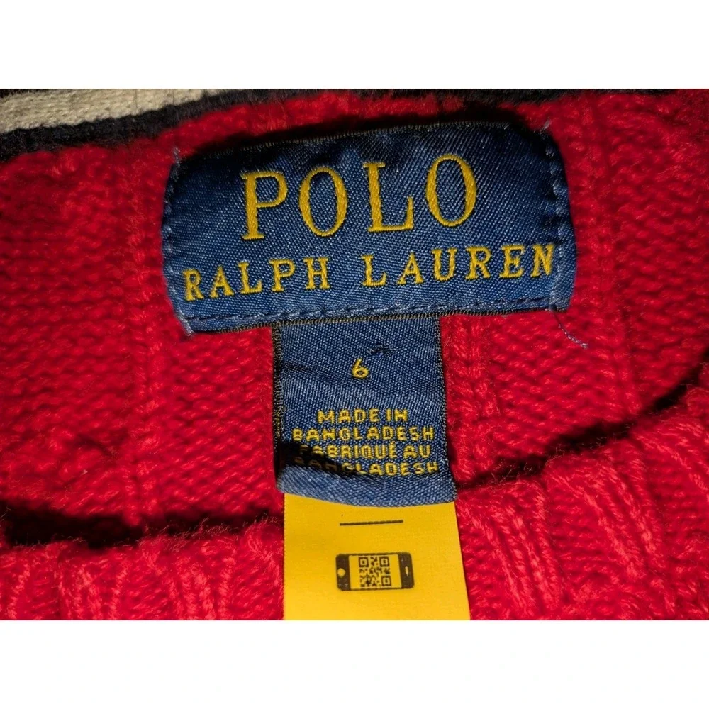 Size:6 Boy's Polo Ralph Lauren Red Cotton Cable Knit Sweater